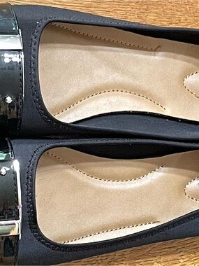 dexflex comfort Black Ballet Flats with Metallic Buckle and Patent Toe Accent